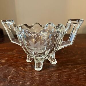 Vintage Footed Clear Round Itched Glass Condiment Holder